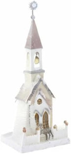 Cody Foster 16.5" Tall White and Silver Church with Steeple Deer Christmas Village House