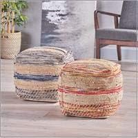 Christopher Knight Home Lola Boho Hemp and Wool Pouf, Natural and Blue