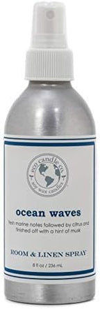 ECO CANDLE CO. Room & Linen Spray, Ocean Waves, 8 oz. - Scents Of Marine Air, Citrus, & Musk - Recycled Aluminum Bottle, No Propellents, Pump Top, All Natural Ingredients