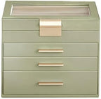 SONGMICS GISELLA Collection - Jewelry Box Organizer, 4-Layer Jewelry Storage with 3 Drawers, Shiny Metal Hardware, Glass Lid, Modern, 6 x 9.9 x 8.5 Inches, Laurel Green and Gold Color UJBC161C02