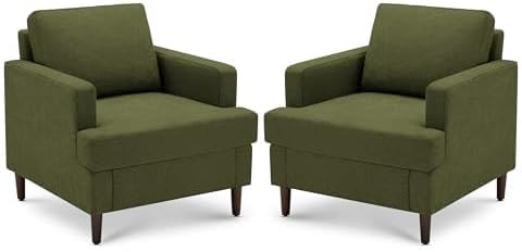 Mid-Century Accent Chair, Comfy Upholstered Reading Accent Chairs for Bedroom, Modern Linen Fabric Armchair for Living Room, Single Sofa Chair with Wood Legs (Green, 2 Pack)
