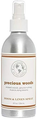 ECO CANDLE CO. Room & Linen Spray, Precious Woods, 8 oz. - Scents Of Smoked Wood, Nutmeg, Musk, & Ylang - Recycled Aluminum Bottle, No Propellents, Pump Top, All Natural Ingredients