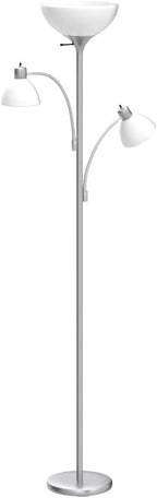 Brightech Sky Dome Double LED Floor lamp, Torchiere Super Bright Floor Lamp with 2 Reading Lamps for Living Rooms & Offices - Dimmable Tall Standing Lamp for Bedroom Reading - Tall Silver Pole