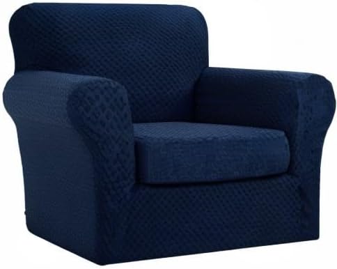 YEMYHOM Latest Checkered 2 Pieces Chair Covers for Living Room High Stretch Thickened Chair Slipcovers with Arms Anti Slip Elastic Armchair Sofa Couch Slipcover Protector (Navy), 31"-46"(1 Cushion)