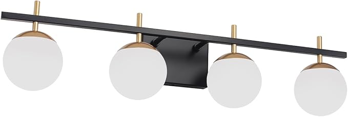 4-Light Modern Vanity Light for Bathroom, Black and Gold Bathroom Lighting Fixtures Over Mirror, White Frosted Glass Vanity Lights Globe Wall Lamp Sconces for Hallway Stairway Living Room
