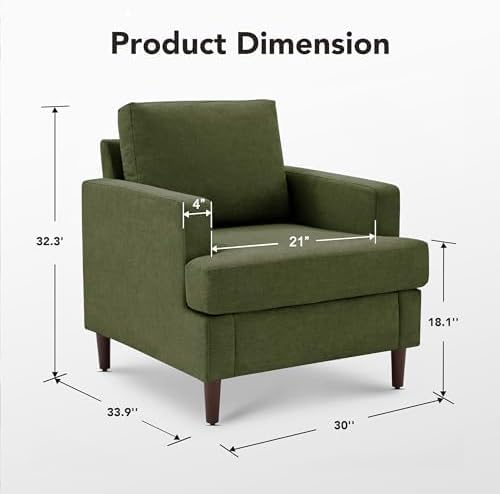 Mid-Century Accent Chair, Comfy Upholstered Reading Accent Chairs for Bedroom, Modern Linen Fabric Armchair for Living Room, Single Sofa Chair with Wood Legs (Green, 2 Pack)