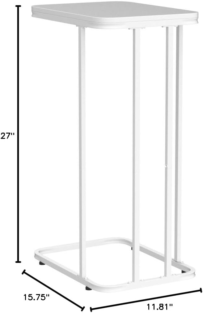 C Shaped End Table, 27 Inches High Small Side Table for Sofa and Bed, Couch Table Slides Under, Tall Tv Tray Table for Living Room, Bedroom, Metal Frame, Snow White
