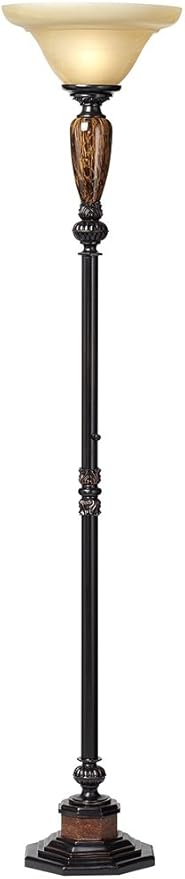 Kathy Ireland Sonnett Industrial Vintage Torchiere Floor Lamp Standing 72" Tall Bronze Brown Faux Marble Alabaster Glass Shade Decor for Living Room Reading House Bedroom Home Office