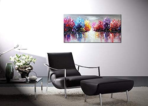 Large Hand Painted Purple Abstract Textured Tree Wall Art Lake Landscape Oil Painting on Canvas