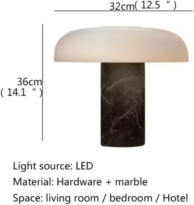 Mushroom Table Lamp | Solid Marble White Base & Frosted Glass Shade | 3000K Warm White LED | Modern Lamp for Bedroom, Living Room, Office, Entryway, Desk, Small Spaces