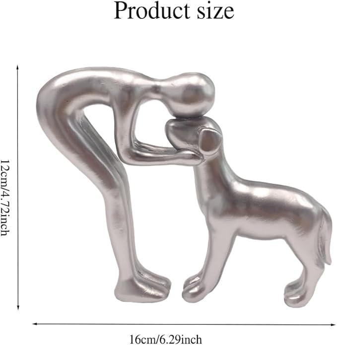 Human and Dog Statue Decoration, Cute Pet Sculpture Home Decor Tabletop Ornament Figurines Office Living Room Bedroom Home, for Dog Lovers Friends Family Decoration, Silver Color