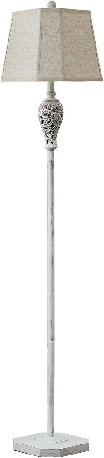 65'' Rustic Floor Lamp for Living Room with 2 Light Sources, Hollow Out Nightlight Resin Farmhouse Tall Standing Lamp for Bedroom Office Corner, Bulb Included (Wash White)