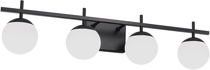 4-Light Modern Black Vanity Light for Bathroom, White Frosted Glass Bathroom Lighting Fixtures Over Mirror Vanity Lights Globe Wall Lamp Sconces for Hallway Stairway Living Room 31.5 Inch