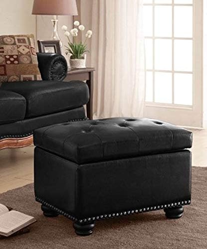 Convenience Concepts Designs4Comfort 5th Avenue Upholstered Storage Ottoman 24" - Contemporary Foot Stool and Seat with Hinged Lid for Living Room, Dining Room, Office, Den, Black Faux Leather