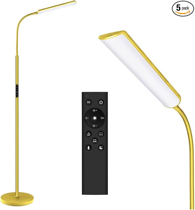 Dimunt LED Floor Lamp, Bright 15W Floor Lamps for Living Room with 1H Timer, Stepless Adjustable 3000K-6000K Colors & Brightness Standing Lamp with Remote & Touch Control Reading Floor Lamps-Golden