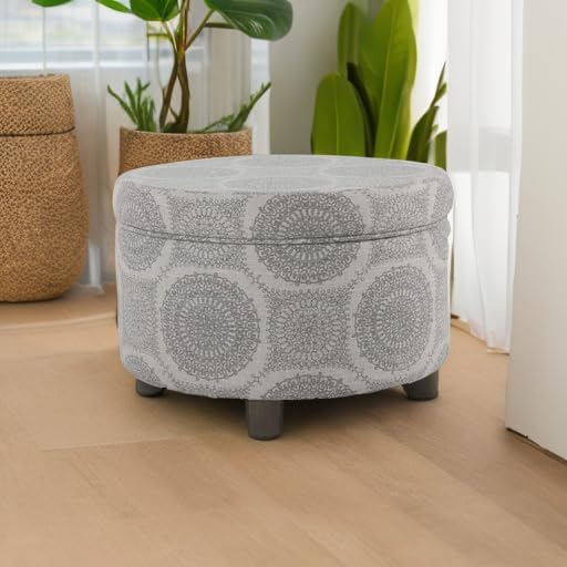 Homepop Home Decor | Upholstered Round Storage Ottoman | Ottoman with Storage for Living Room & Bedroom (Grey Medallion) 24.0 In. X 24.0 In. X 17.0 In.
