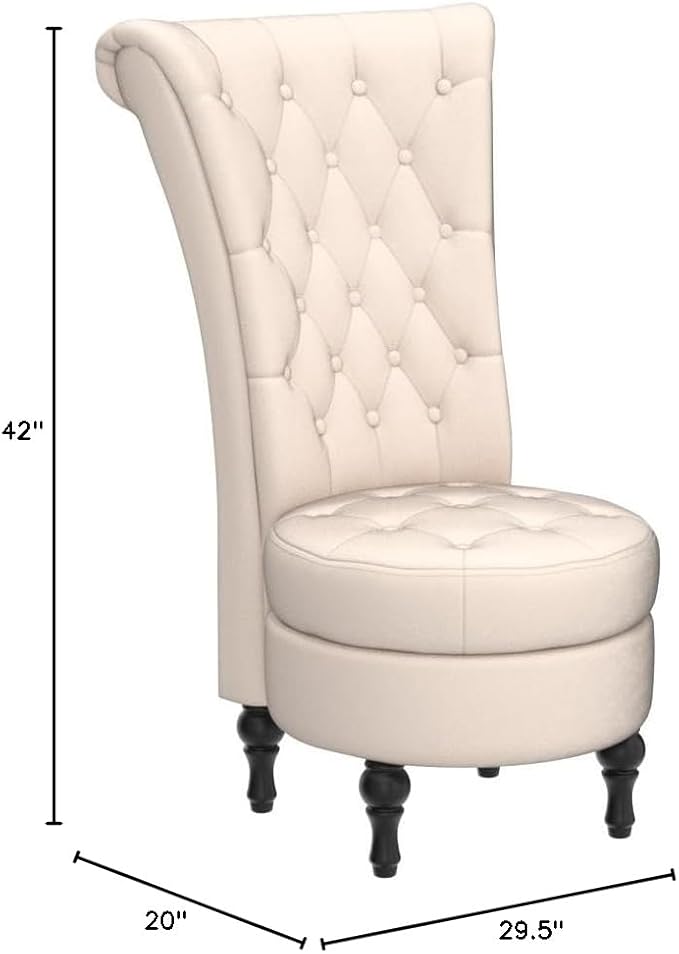 Royal High-Back Velvet Accent Chair for Vanity with Storage and Luxurious Upholstery, Retro Design and Versatile Usage for Living Room, Bedroom, Lounge and Office, Ivory
