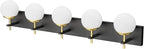Ralbay Mid Century Modern Vanity Lights - 5-Light Milky Glass Globe Modern Bathroom Vanity Lights Over Long Mirror, Black/Golden Bathroom Wall Light Fixture