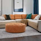 POLY & BARK Ascot Ottoman – 40" Round Pouf with Feather-Down Topper – Full-Grain Leather Upholstered Pouf Ottoman for Living Room – Vintage Italian Leather in Cognac Tan