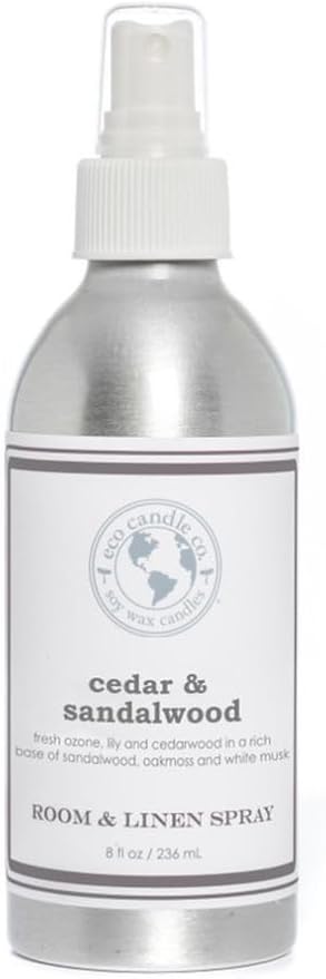 ECO CANDLE CO. Room & Linen Spray, Cedar & Sandalwood, 8 oz. -Scents of Ozone, Lily & Cedarwood - Recycled Aluminum Bottle, No Propellents, Pump Top, All Natural Ingredients