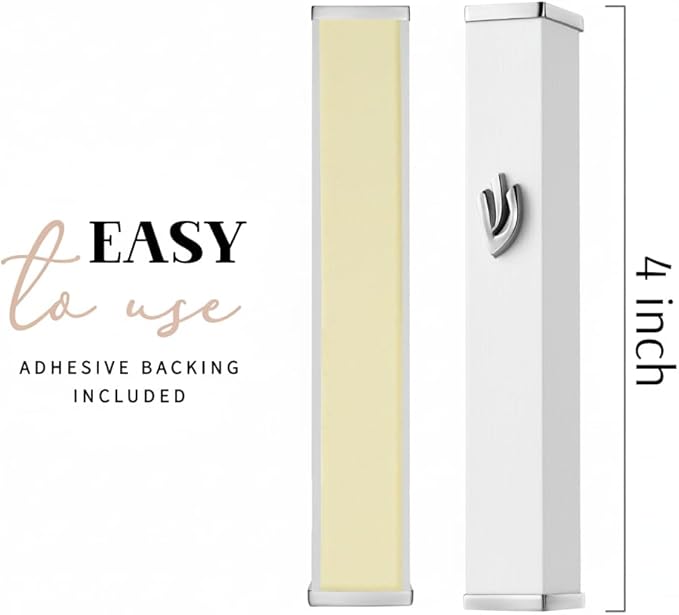 SURI Small Mezuzah Case – 3.8 Inch White Aluminum Mezuza Cover with Printed Scroll Set, Fits a 3 Inch Scroll, Self-Stick Adhesive, Gift Box Included