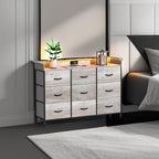 EXOTICA Dresser with Charge Station 9 Drawers Dresser for Bedroom with LED Lights Tall Wide Fabric Dressers & Chests of Drawers for Closet Hallway Entryway Sturdy Steel Frame Wood Top