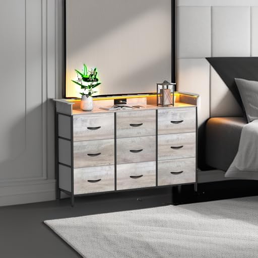 EXOTICA Dresser with Charge Station 9 Drawers Dresser for Bedroom with LED Lights Tall Wide Fabric Dressers & Chests of Drawers for Closet Hallway Entryway Sturdy Steel Frame Wood Top
