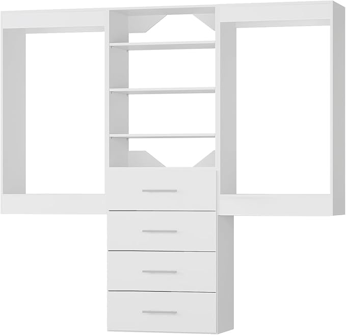 ROOMTEC Modular Closet System, 90" Wall-Mounted Closet Organizer with Drawers and Hanging Rods, Wooden Tower for Walk-In Closets, Wardrobe Storage Kit, White