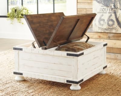 Signature Design by Ashley Wystfield Farmhouse Coffee Table with Storage, Hinged Lift Top, Wood, 36" W x 36" D x 18" H, Distressed White