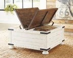 Signature Design by Ashley Wystfield Farmhouse Coffee Table with Storage, Hinged Lift Top, Wood, 36" W x 36" D x 18" H, Distressed White