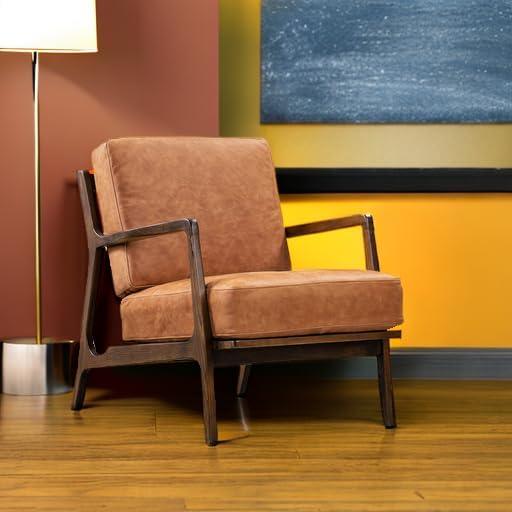 Poly & BARK Verity Leather Accent Chair – Armchair with Walnut Wood Frame – Fashion-Forward Lounge Seating for Living Room – Upholstered in Cognac Tan Leather for Modern Style