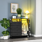 Dresser for Bedroom with Clothes Rack Side Pockets 5 Drawer Dresser with Charging Station LED Lights Black Storage Chest of Drawers for Nursery Hallway Closet Sturdy Steel Frame Wood Top