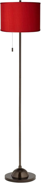 Possini Euro Design Modern Club Floor Lamp Slim Profile 62" Tall Tiger Bronze Red Textured Faux Silk Fabric Drum Shade Standing Light Decor for Living Room Reading House Bedroom Home