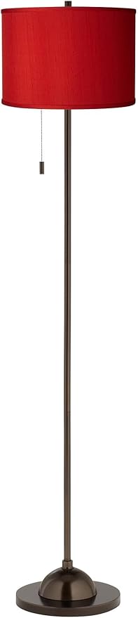 Possini Euro Design Modern Club Floor Lamp Slim Profile 62" Tall Tiger Bronze Red Textured Faux Silk Fabric Drum Shade Standing Light Decor for Living Room Reading House Bedroom Home