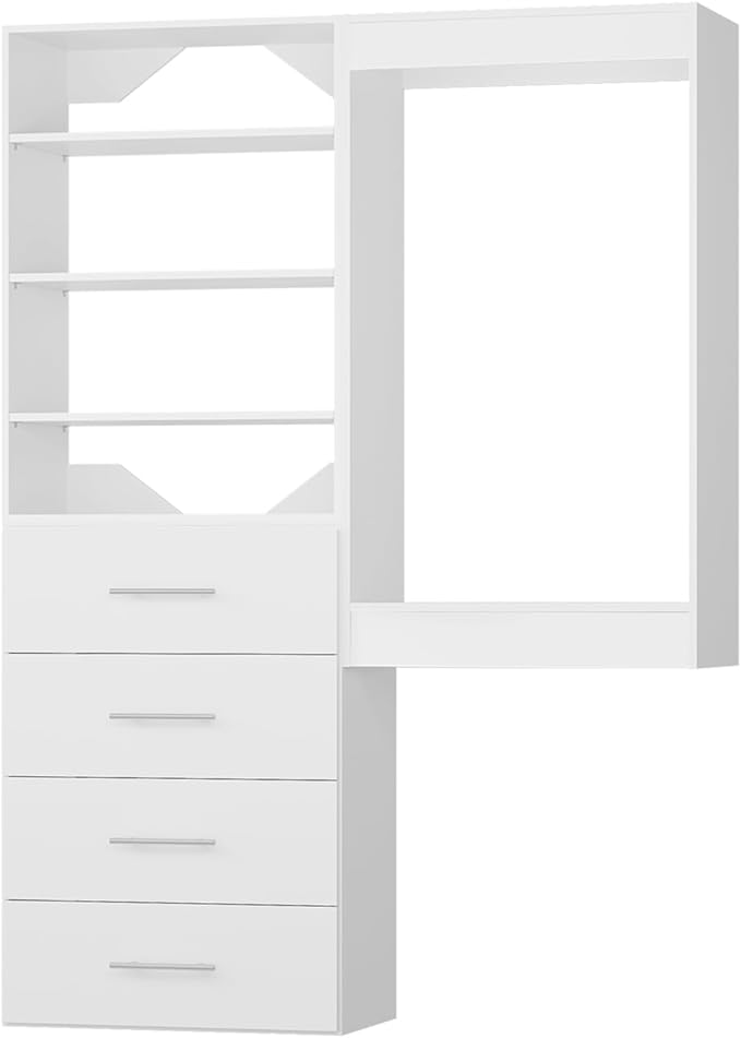 Modular Closet Organizer, 61" Wide Tower and Drawers, White Walk In Closet Storage, Wall Mounted Wardrobe Organizer Kit