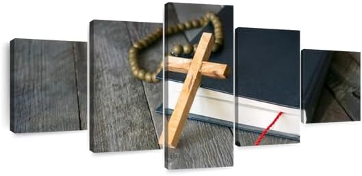 Elephant Stock Cross Canvas - 5 Panel Christian Pictures Decor - Canvas Print Wall Decor - Christian Cross Wall Art - 42" X 19"