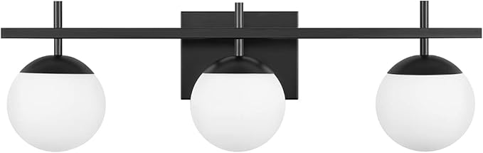 Black Bathroom Light Fixtures Over Mirror, Mid Century Modern Bathroom Vanity Light, 3 Light Globe Bathroom Lighting Fixtures with Milky Glass, Wall Light for Bathroom