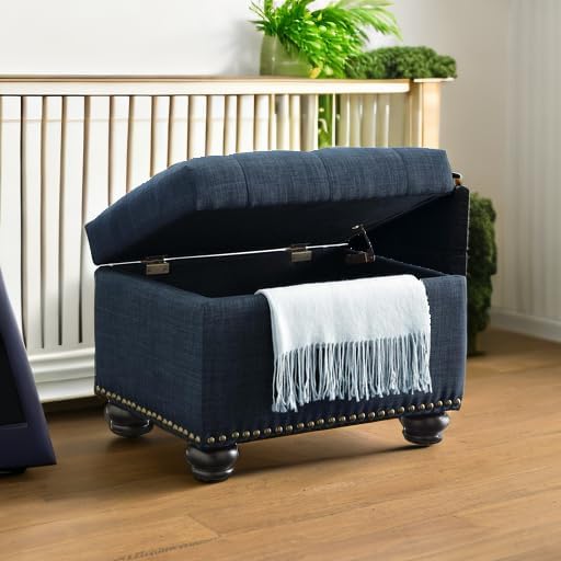 Convenience Concepts Designs4Comfort 5th Avenue Upholstered Storage Ottoman 24" - Contemporary Foot Stool and Seat with Hinged Lid for Living Room, Dining Room, Office, Den, Dark Blue Fabric