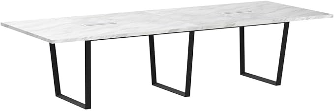 Sturdy Conference Table with Cable Management Grommets Modern Rectangle Office Meeting Table with Wood Tabletop and Metal Frame & Legs- Easy Assembly Boardroom Table (White Marble, 10 Foot)