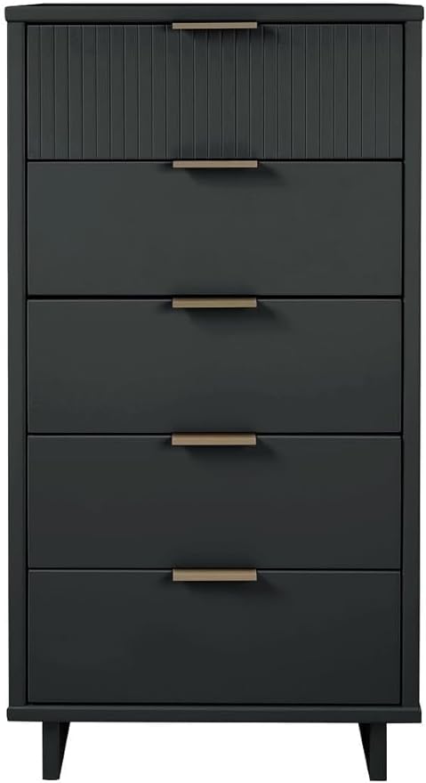 Manhattan Comfort Granville 24-Inch Modern Tall Dresser with 5 Full Extension Soft Close Drawers, Textured Ribbed Lines Design Made of Solid Wood with Gold Accent, TV Stand for Bedroom, Dark Grey