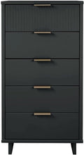 Manhattan Comfort Granville 24-Inch Modern Tall Dresser with 5 Full Extension Soft Close Drawers, Textured Ribbed Lines Design Made of Solid Wood with Gold Accent, TV Stand for Bedroom, Dark Grey