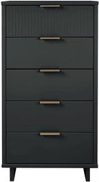 Manhattan Comfort Granville 24-Inch Modern Tall Dresser with 5 Full Extension Soft Close Drawers, Textured Ribbed Lines Design Made of Solid Wood with Gold Accent, TV Stand for Bedroom, Dark Grey