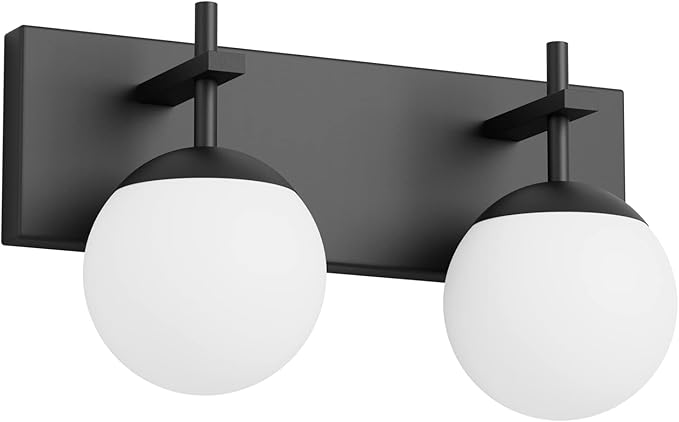 Ralbay Matte Black Bathroom Wall Light Fitures 2-Light Mid Century Modern Bathroom Lighting Black Milky Glass Globe Vanity Light for Bathroom