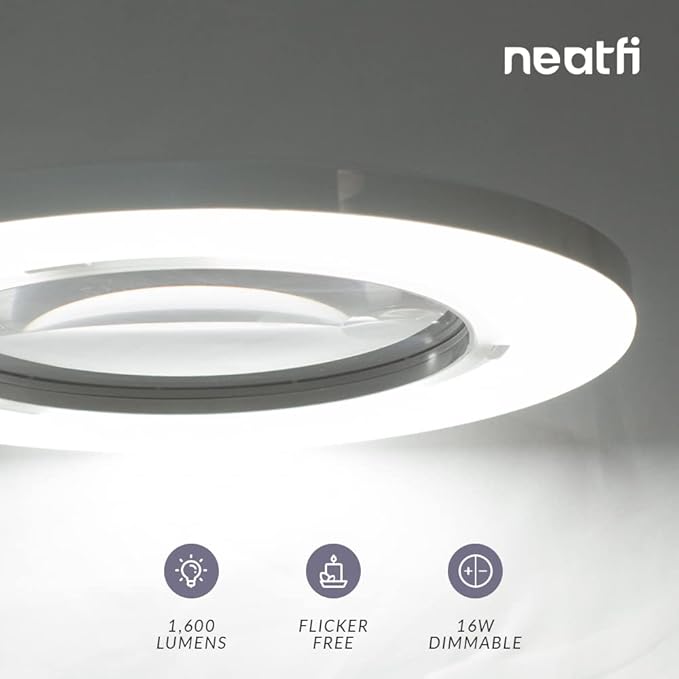 Neatfi XL Bifocal LED Magnifying Lamp – 7-Inch Acrylic Lens, 2.25x & 6X Magnification, 1,600 Lumens, Dimmable LED, Adjustable Arm, Hands-Free Close Work (White, with Base)