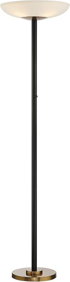 Possini Euro Design Meridian Light Blaster™ Modern Style Torchiere Floor Lamp LED 72" Tall Black Antique Brass Metal White Glass Shade for Living Room Reading House Bedroom Home Office