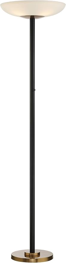 Possini Euro Design Meridian Light Blaster™ Modern Style Torchiere Floor Lamp LED 72" Tall Black Antique Brass Metal White Glass Shade for Living Room Reading House Bedroom Home Office