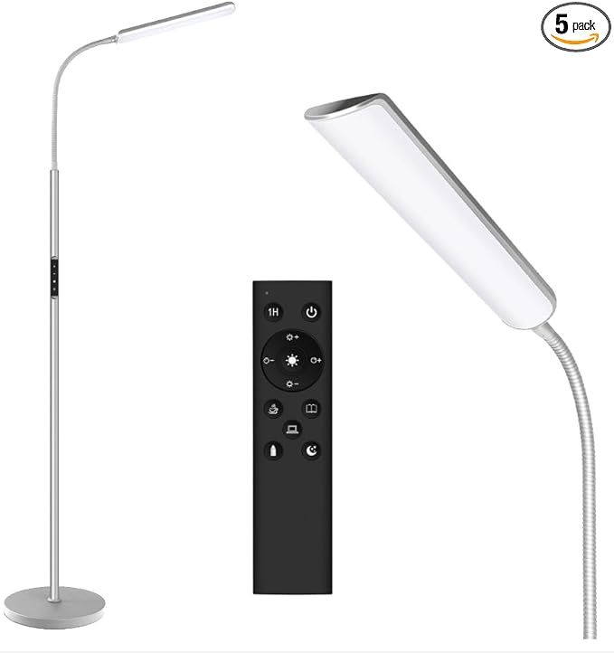 Dimunt LED Floor Lamp, Bright 15W Floor Lamps for Living Room with 1H Timer, Stepless Adjustable 3000K-6000K Colors & Brightness Standing Lamp with Remote & Touch Control Reading Floor Lamps-Silver