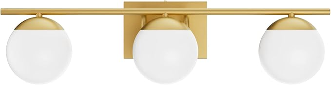 Ralbay Gold Vanity Lights - 3-Light Mid Century Modern Bathroom Wall Lights with Milky Glass Globe