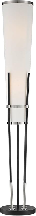 Possini Euro Design Flute Mid Century Modern 64" Tall Floor Lamp Standing with Smart Socket Satin Black Brushed Nickel Metal White Linen Shade for Living Room Family Bedroom Office House
