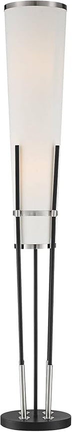 Possini Euro Design Flute Mid Century Modern 64" Tall Floor Lamp Standing with Smart Socket Satin Black Brushed Nickel Metal White Linen Shade for Living Room Family Bedroom Office House